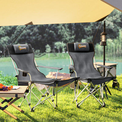 Outsunny Set of 2 Reclining Folding Camping Chair w/ Detachable Footrest, Storage Bag, Cup Holder & Headrest, Lightweight Portable Camp Chair for Beach, Picnic, Grey and Black 
