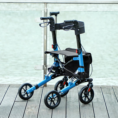 HOMCOM Folding Rollator Walker with Seat, Backrest, Lightweight Walking Frame with Storage Bag, Dual Brakes, Adjustable Handle Height, Suspension System, 4 Wheeled Walker for Seniors, Blue 