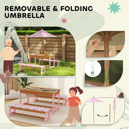 AIYAPLAY Kids Picnic Table Set with Removable & Foldable Umbrella, Cushions, Storage Boxes, Flamingo Theme, Pink 