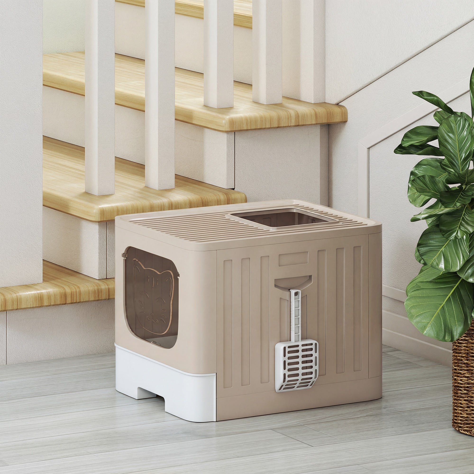 PawHut Cat Litter Box with Lid, Slide-Out Drawer, Scoop, Easy Clean, Odour Control, Anti-Splashing, Khaki 