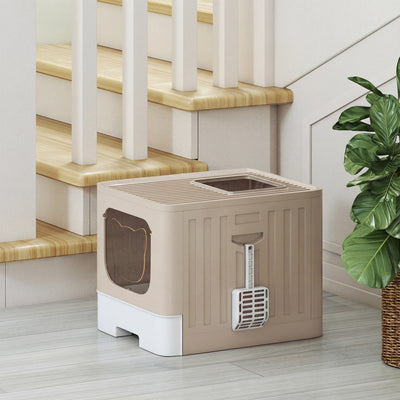 PawHut Cat Litter Box with Lid, Slide-Out Drawer, Scoop, Easy Clean, Odour Control, Anti-Splashing, Khaki 
