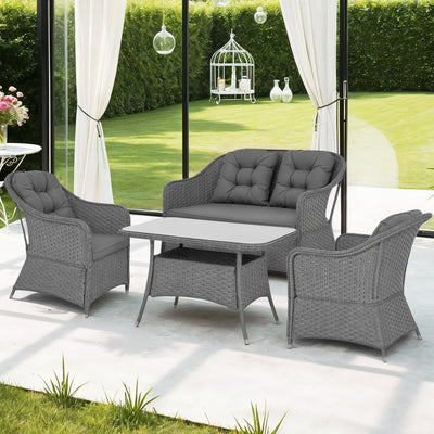 Outsunny Four-Piece Rattan Set, with Glass-Top Table - Light Grey 
