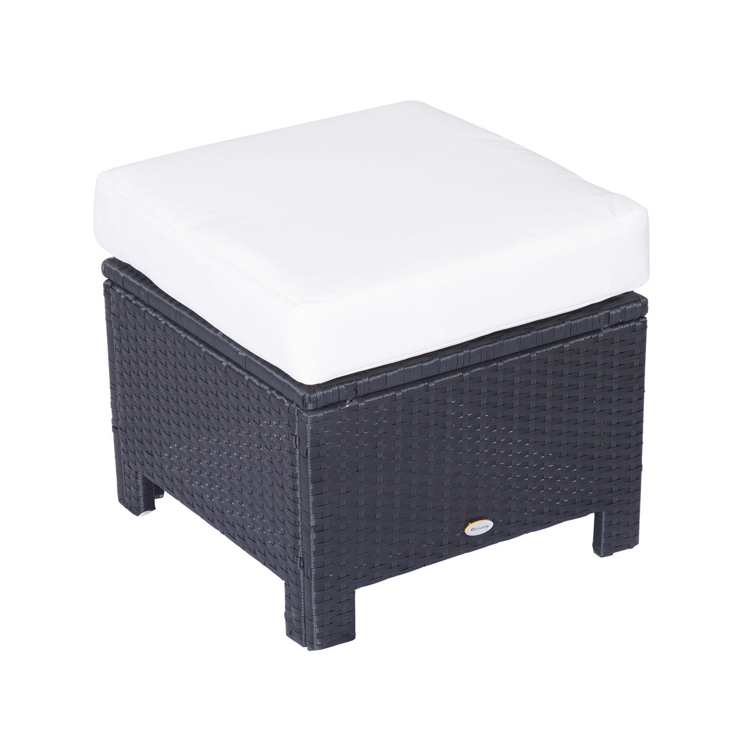 Outsunny Rattan Footstool Wicker Ottoman with Padded Seat Cushion Outdoor Patio Furniture for Garden Poolside Living Room, 50 x 50 x 35 cm, Black 