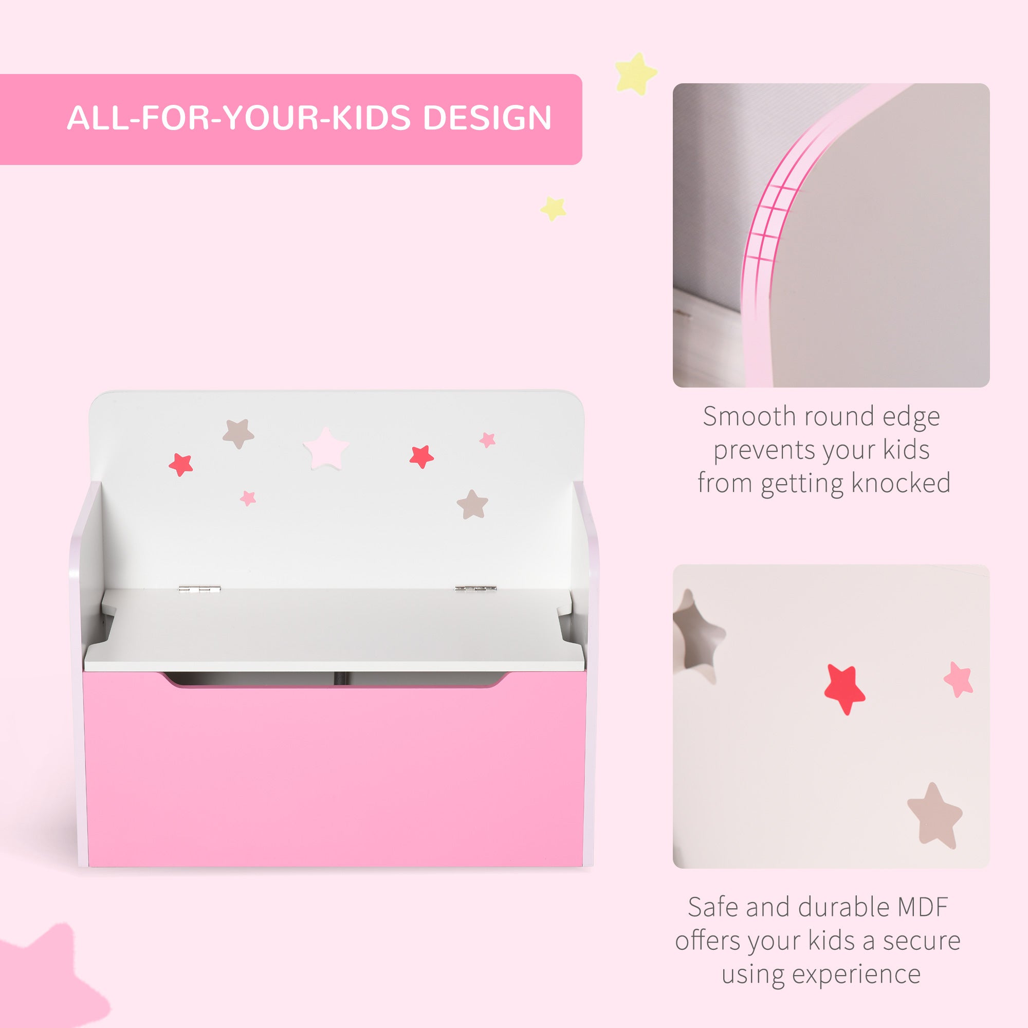 HOMCOM Kids Wooden Toy Box Children Storage Chest Bench Organiser Safety Hinge Bedroom Playroom Furniture Pink 