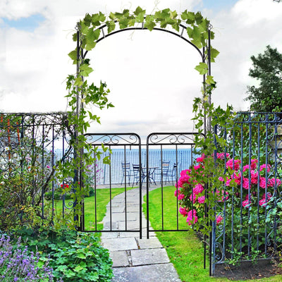 Outsunny Garden Decorative Metal Arch with Gate Outdoor Patio Trellis Arbor for Climbing Plant Archway Antique Black - 108L x 45W x 215Hcm 
