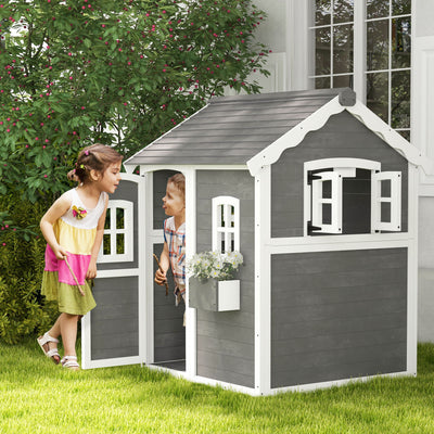 Outsunny Wooden Playhouse for Kids with Doors, Windows, Plant Box, Floors, for Ages 3-8 Years, for Gardens, Lawns, Patios - Grey 