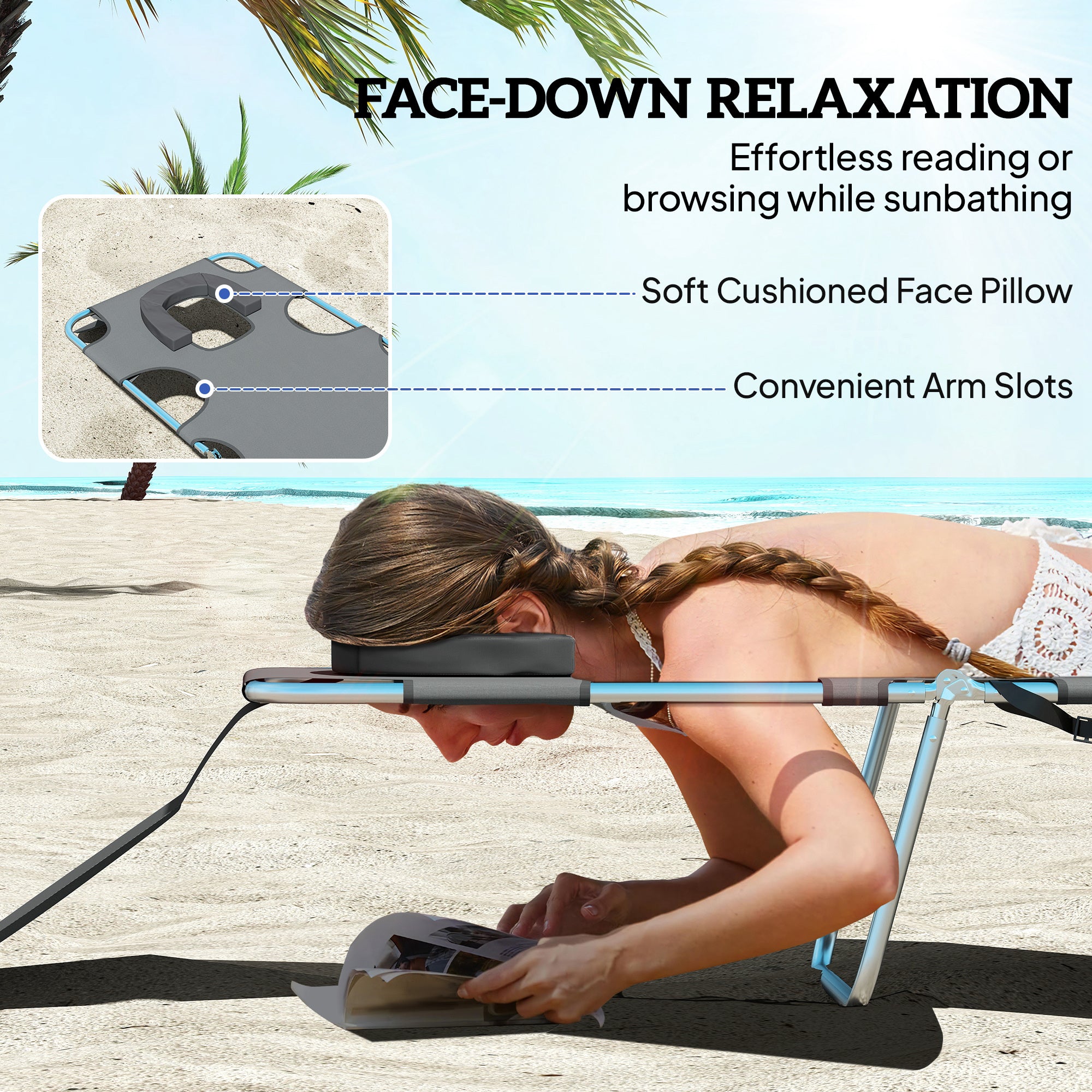 Outsunny 5-Position Adjustable Sun Loungers Set of 2 with Reading Hole and Side Pocket, Dark Grey 