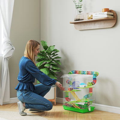 PawHut 5 Tier Hamster Cage Carrier Habitat with Exercise Wheels Tunnel Tube Water Bottle Dishes House Ladder for Dwarf Mice, Green 
