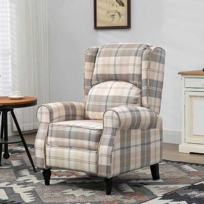 HOMCOM Wingback Recliner Armchair for Living Room, Pushback Reclining Chair with Round Armrests, Footrest and Rubber Wood Legs, Khaki 