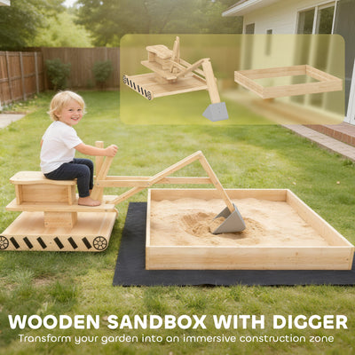 AIYAPLAY Wooden Sand Pit with Digger, Kids Sandbox Outdoor, SandPit with 360 Swivel Seat and Bottom Liner 