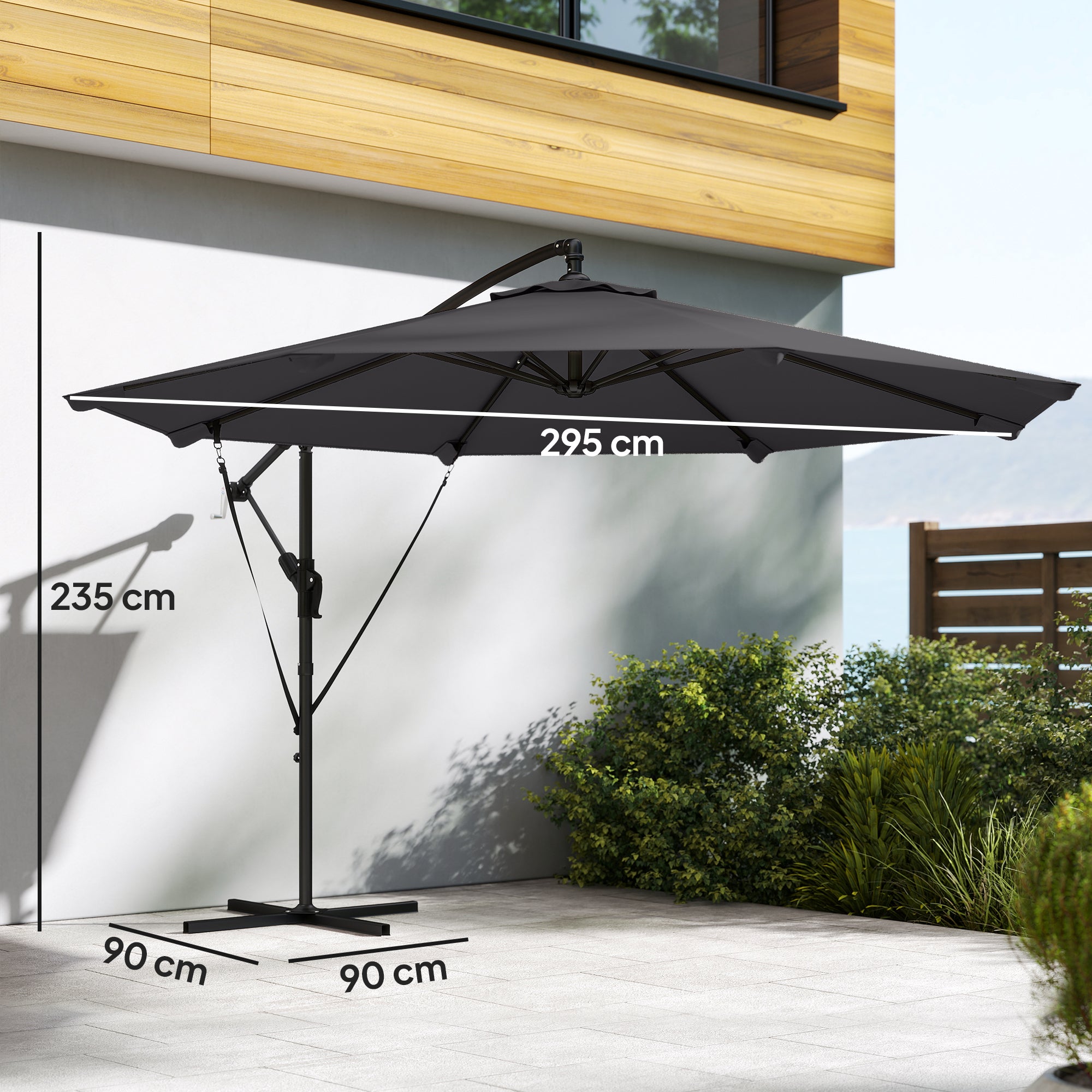 Outsunny 3 m Cantilever Parasol with Protective Cover and Wind Ropes, Banana Parasol with Crank Handle, Black 