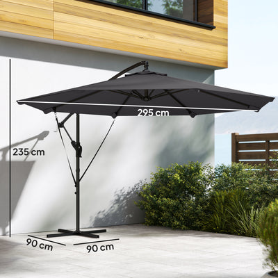 Outsunny 3 m Cantilever Parasol with Protective Cover and Wind Ropes, Banana Parasol with Crank Handle, Black 