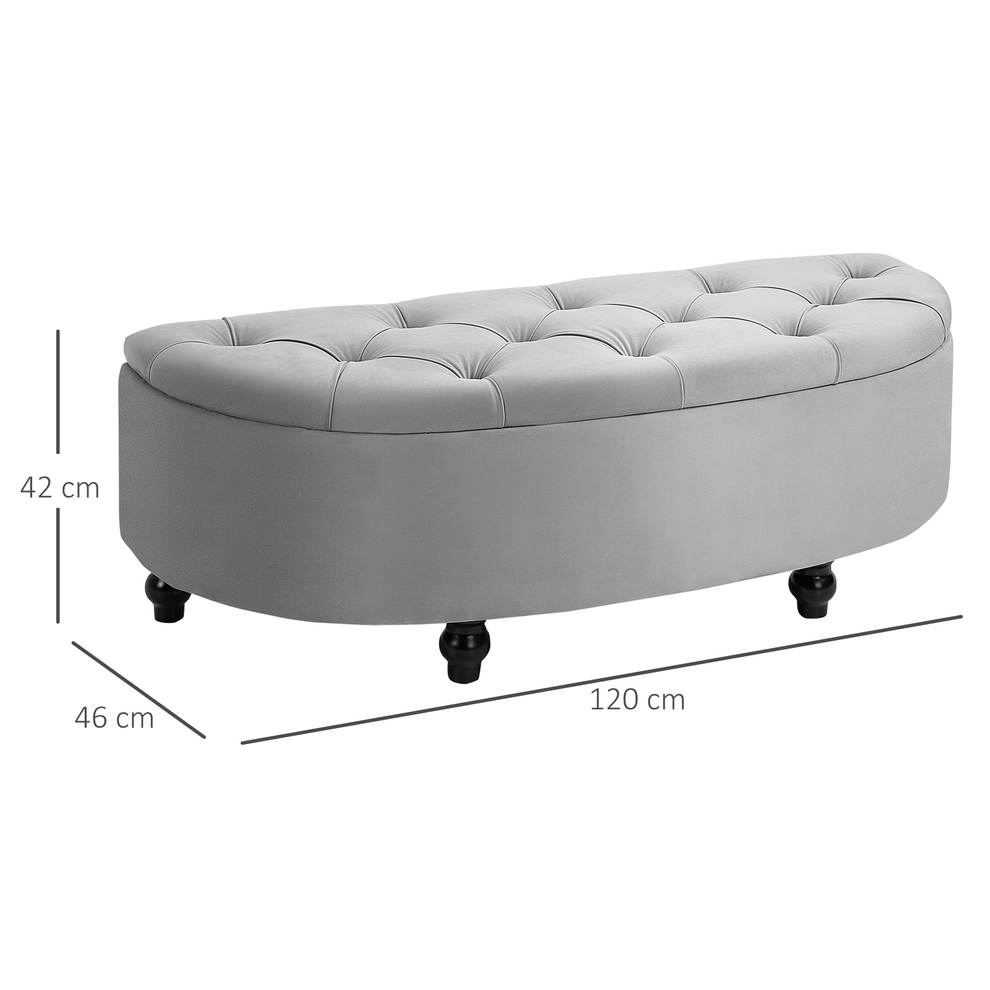 HOMCOM Semi-Circle Ottoman Storage Bench, Bed End Bench, Tufted Upholstered Window Seat Footrest Stool with Rubberwood Legs for Bedroom & Entryway, 120 x 46 x 42 cm, Light Grey 