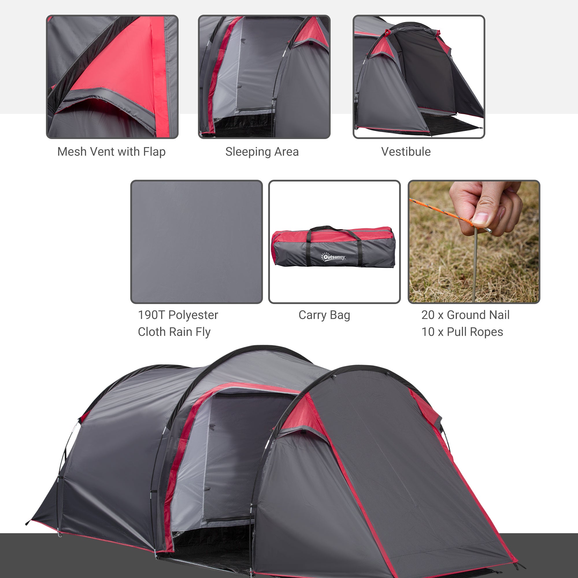 Outsunny 2-3 Person Tunnel Tent with Sewn-in Groundsheet, Air Vents, Rainfly, 2000mm Water Column, Camping Tent with 1 Bedroom, Inbuilt Porch, Living Area for Camping, Hiking, Grey 