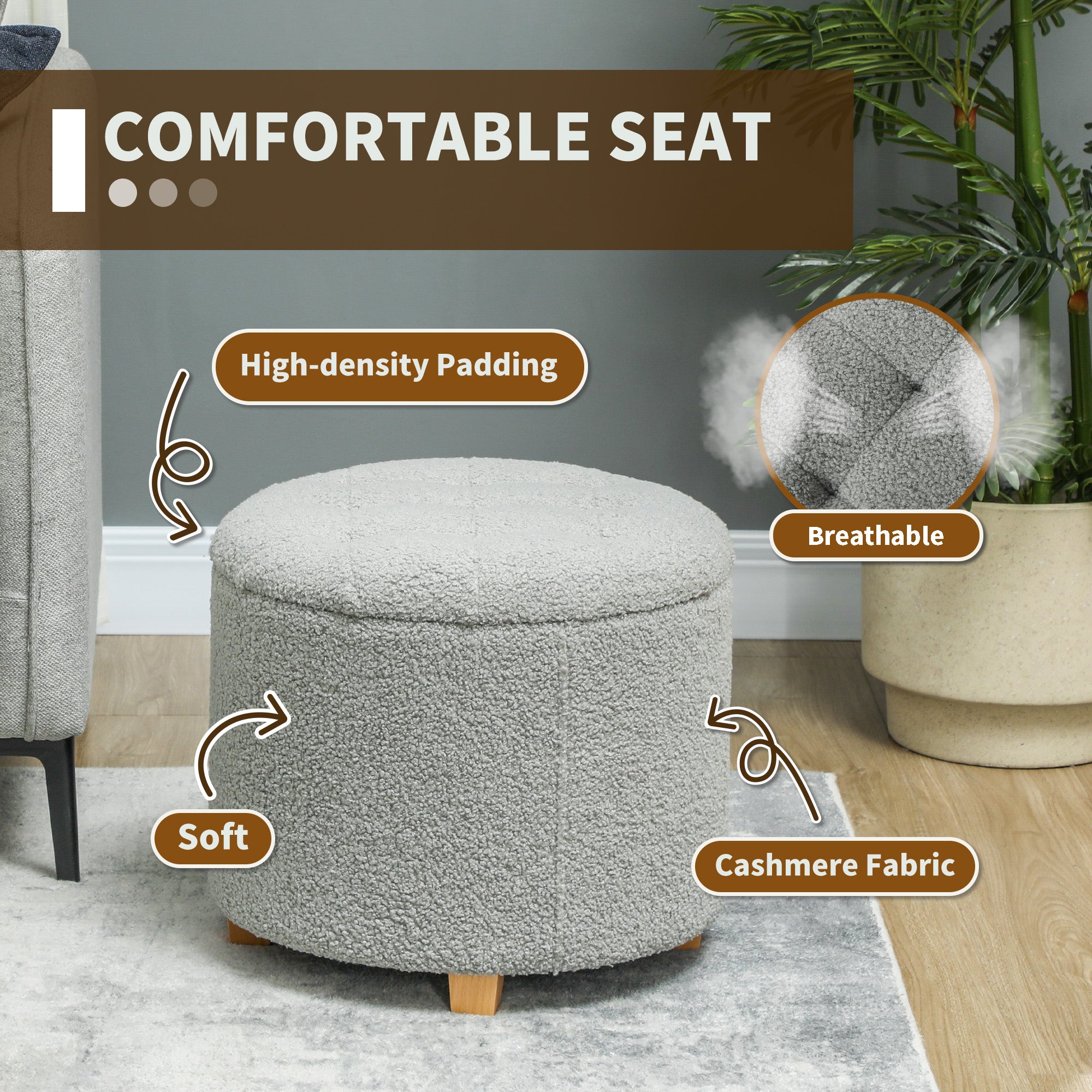 HOMCOM 31.8L Teddy Fleece Storage Ottoman - Grey