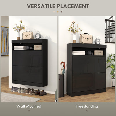 HOMCOM 16 Shoe Pair Storage Cabinet, with Flip Doors - High Gloss Black 