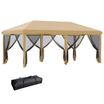 Outsunny 3 x 6m Pop Up Gazebo, Outdoor Canopy Shelter, Marquee Party Wedding Tent with 6 Mesh Walls and Carry Bag, Beige 