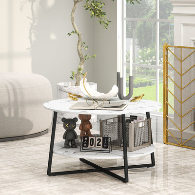 HOMCOM Two-Tier Marble-Effect Coffee Table - White/Black 