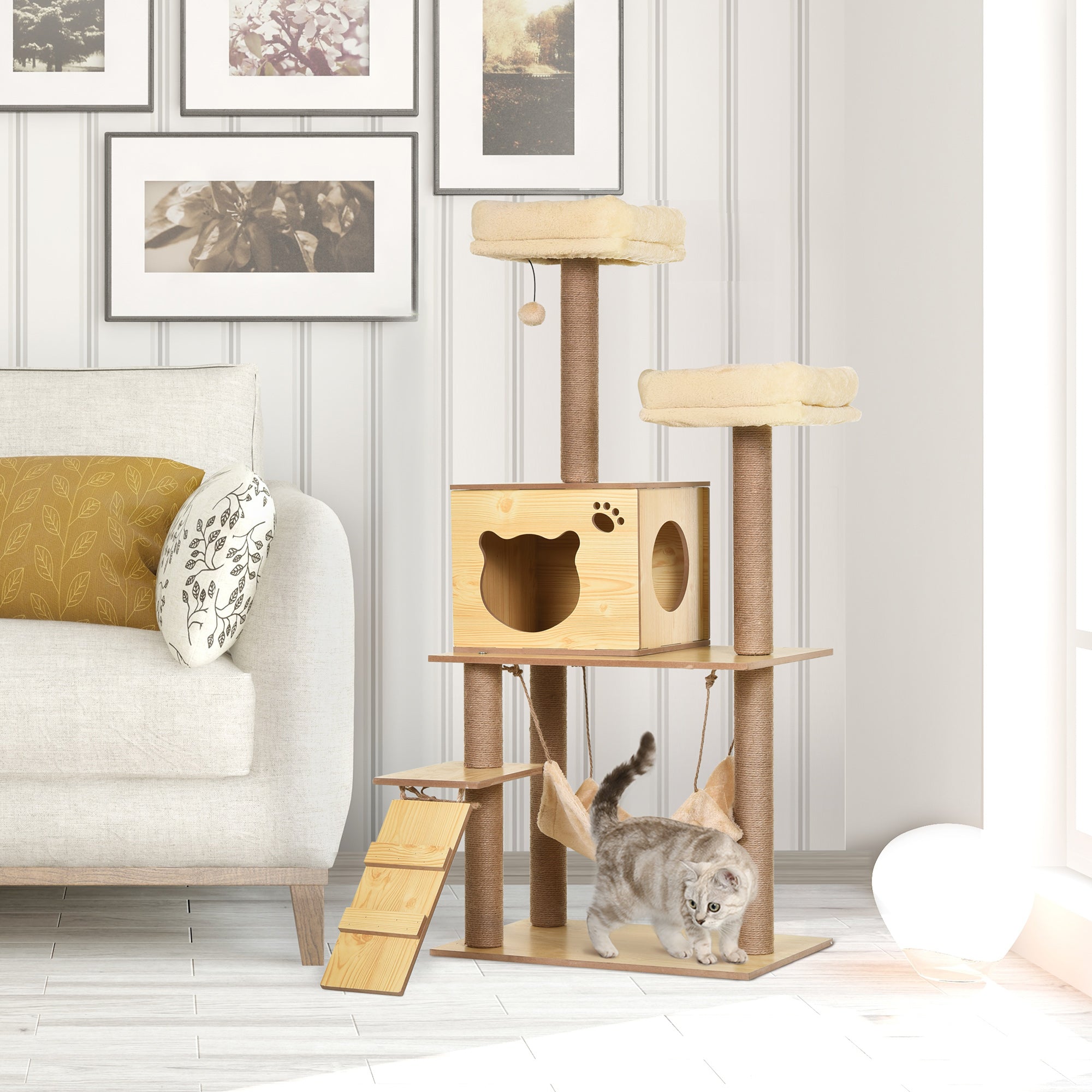 PawHut 130cm Cat Tree for Indoor Cats, Multi-Level Plush Cat Tower, with Five Scratching Posts, Two Perches, Cat House, Hammock 