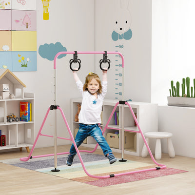 HOMCOM Adjustable Height, Foldable Kids Gymnastics Bar w/ Non-slip Rubber Floor Rings, for 3+ Years, Pink 