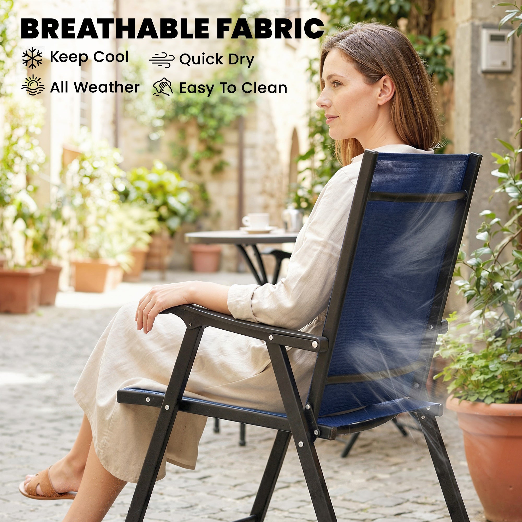 Outsunny Folding Garden Chairs Set of 4, Foldable Garden Dining Chairs with High Back, Armrests, Texteline Seat, Navy Blue 