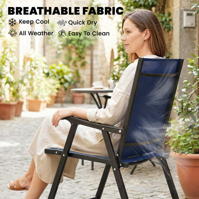 Outsunny Folding Garden Chairs Set of 4, Foldable Garden Dining Chairs with High Back, Armrests, Texteline Seat, Navy Blue 
