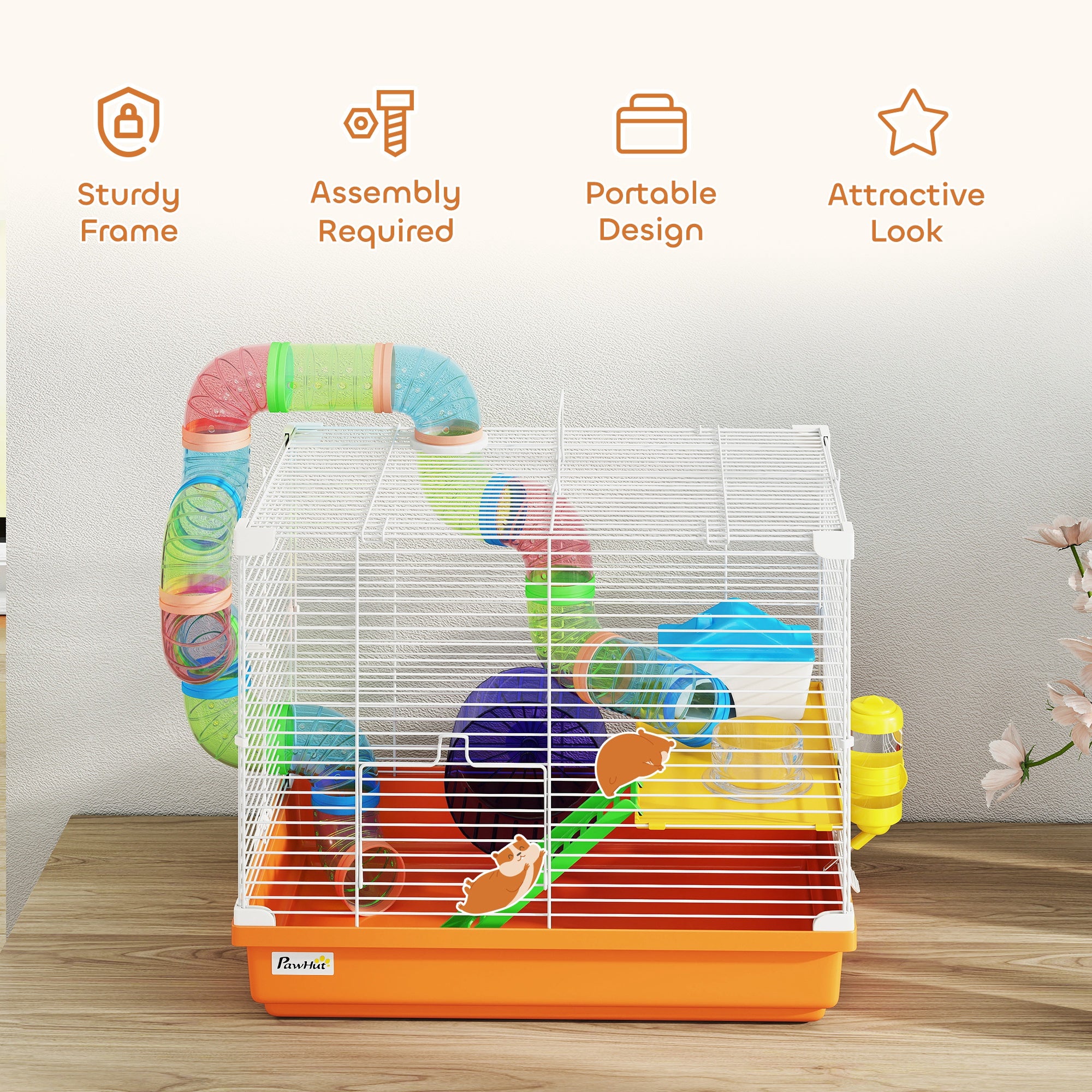 PawHut 2 Tier Hamster Cage, Gerbil Cage with Handle, Exercise Wheels, Tunnel, Water Bottle, Dishes, Ladder, for Dwarf 