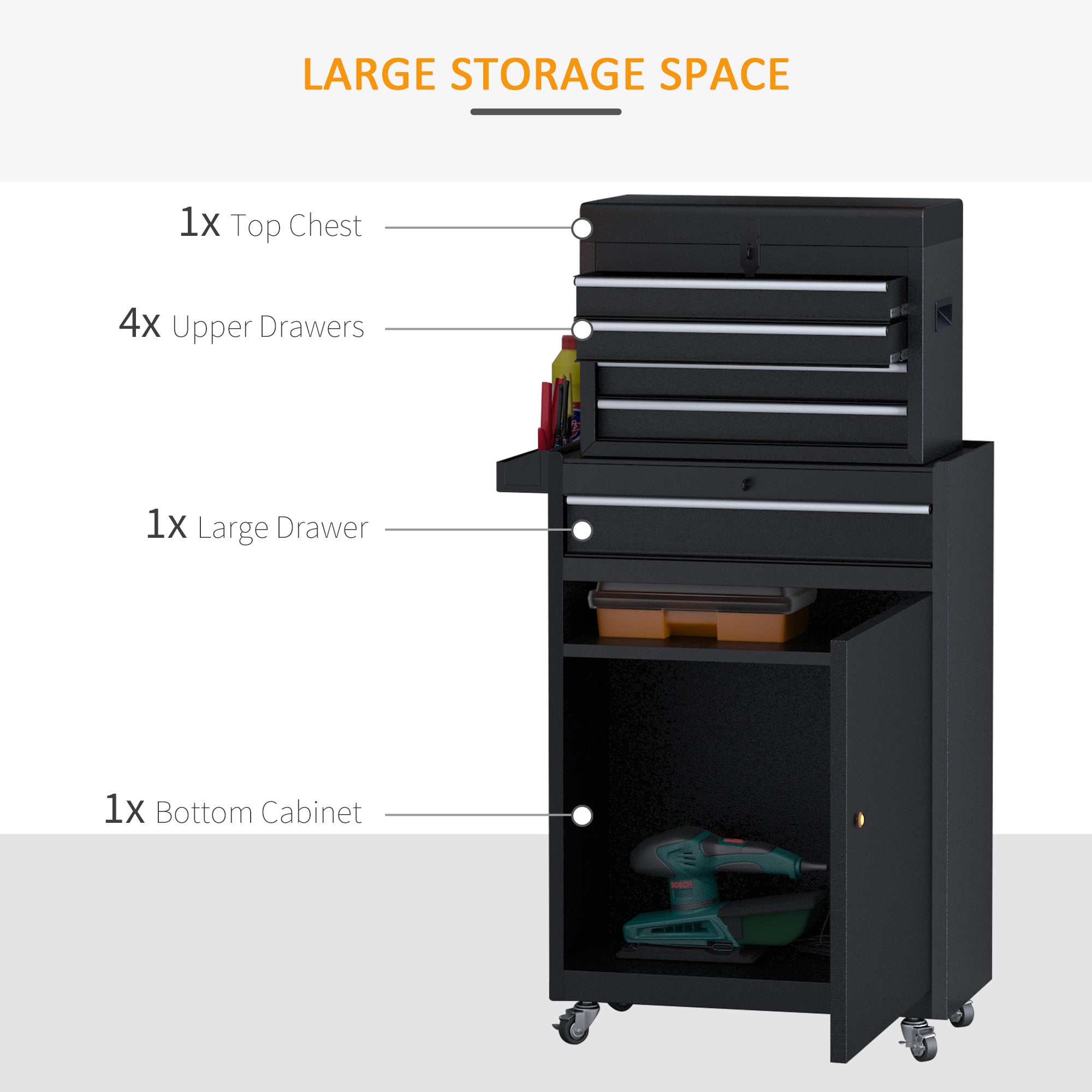 DURHAND Tool Chest 2 in 1 Metal Tool Cabinet Storage Box with 5 Drawers Pegboard Wheels 60x28x104.5cm Black 