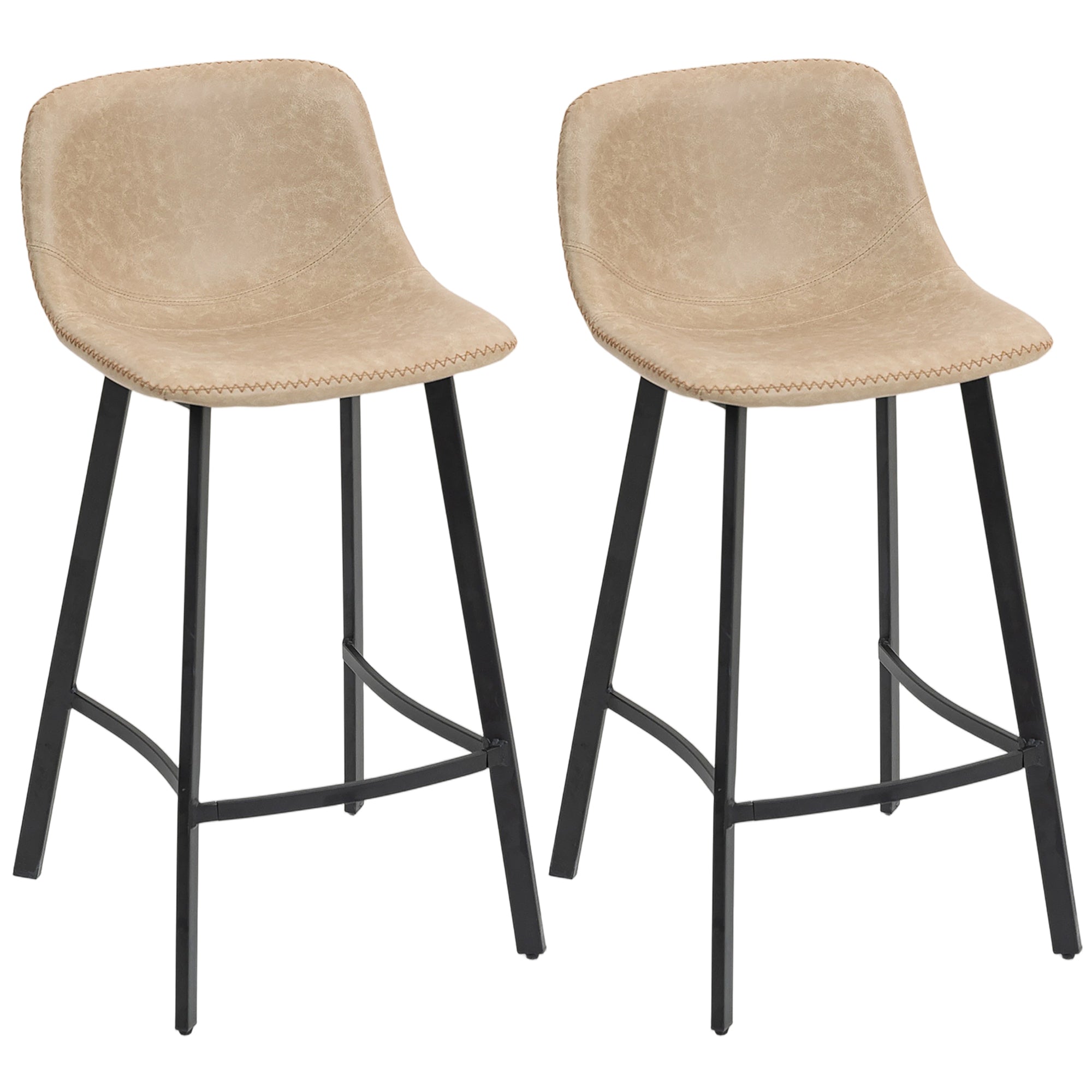 HOMCOM Bar Stools Set of 2, PU Leather Dining Stools with Backrest, Footrest, for Kitchen, Counter, Breakfast Bar, Light Brown 