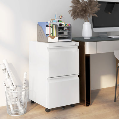 Vinsetto 2-Drawer Mobile Filing Cabinet, Steel Lockable File Cabinet for Letter, A4 and Legal Size, Pre-Assembled Body, White 
