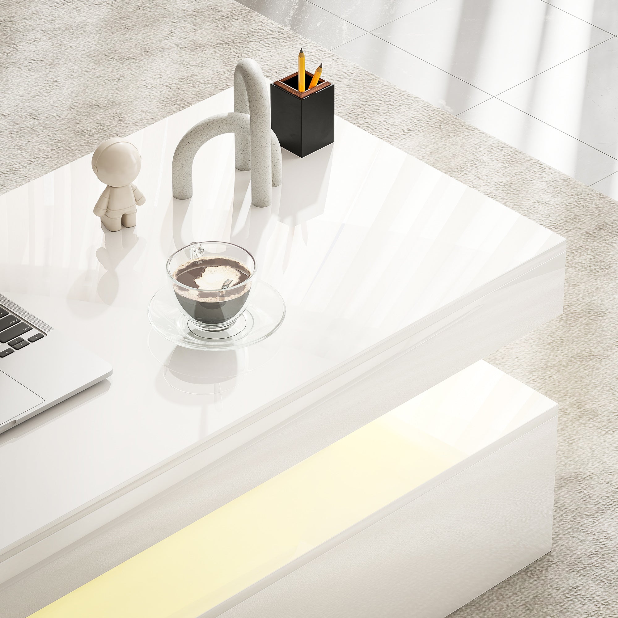 HOMCOM LED Coffee Table with Storage - High Gloss White