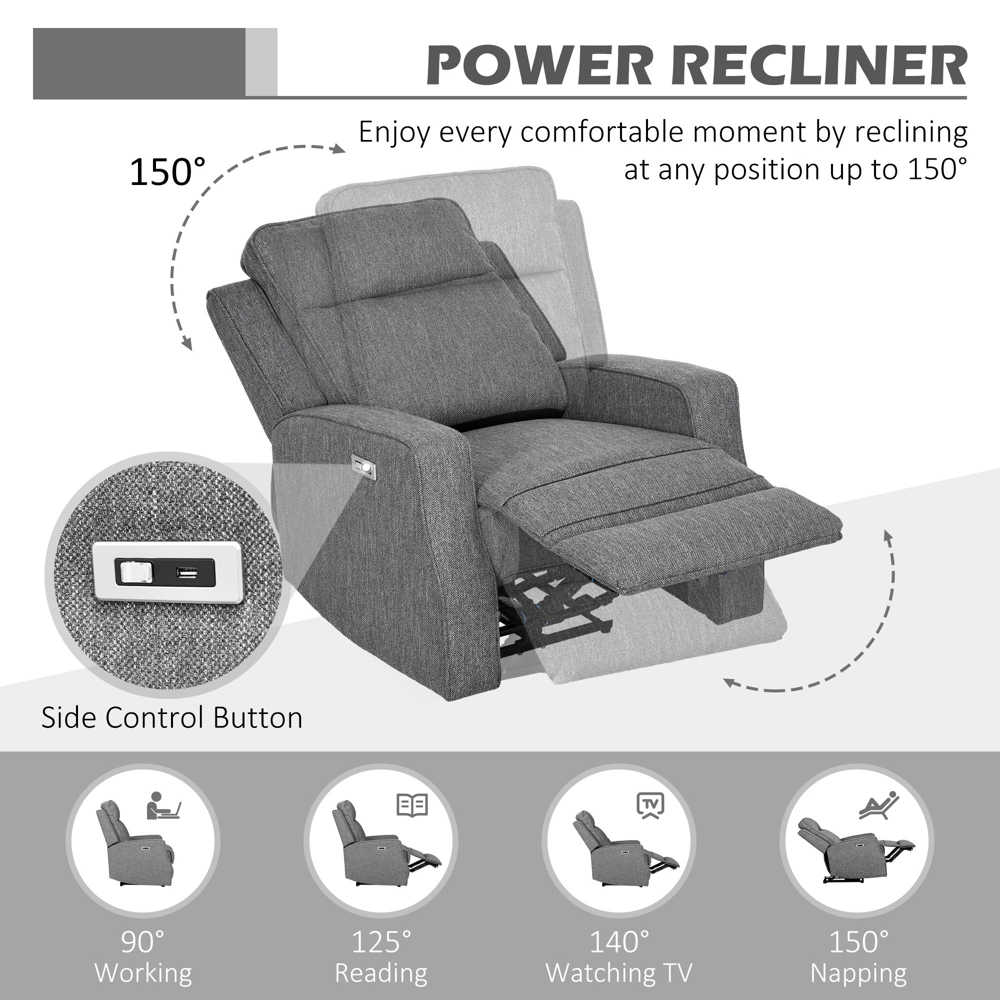 HOMCOM 150\'c2\'b0 Electric Reclining Chair, with USB port and Footrest - Charcoal Grey