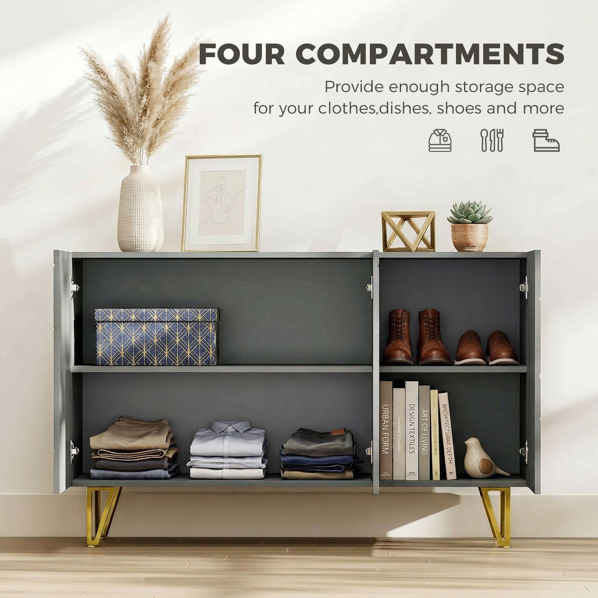 HOMCOM Modern Luxe High Gloss Sideboard, with Hairpin Legs, Grey 