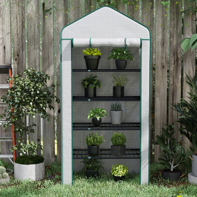 Outsunny 5 Tier Widened Mini Greenhouse with Reinforced PE Cover, Portable Indoor Outdoor Green House with Roll-up Door and Wire Shelves, 193H x 90W x 49Dcm, White 