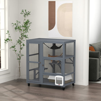 PawHut Cat House, Wooden Outdoor Catio Cat Enclosure on Wheels, Wooden Kitty Cage with Platforms, Hammock, Light Grey 