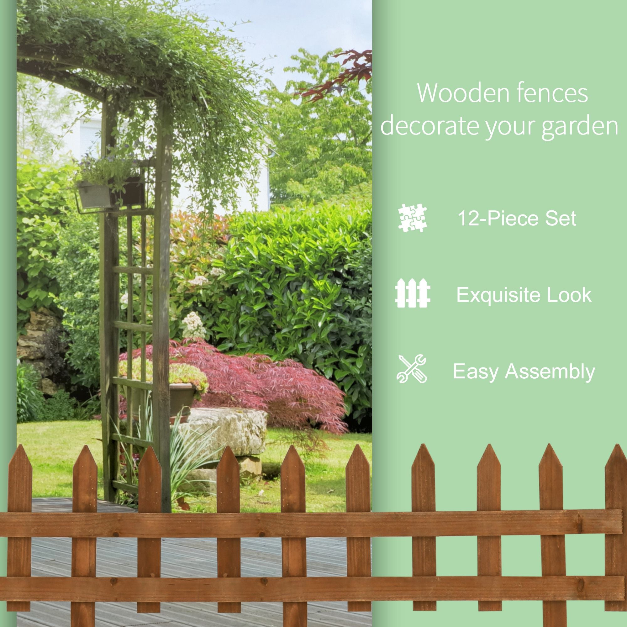 Outsunny Pack of 24 Wooden Border Fences, Garden Fixed Picket Fence for Lawn Edging, Flowerbed, 60L x 1D x 34H cm, Brown