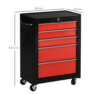 HOMCOM 5-Drawer Tool Chest, Lockable Steel Tool Storage Cabinet with Wheels and Handle Tool Box for Garage, Workshop, Red 