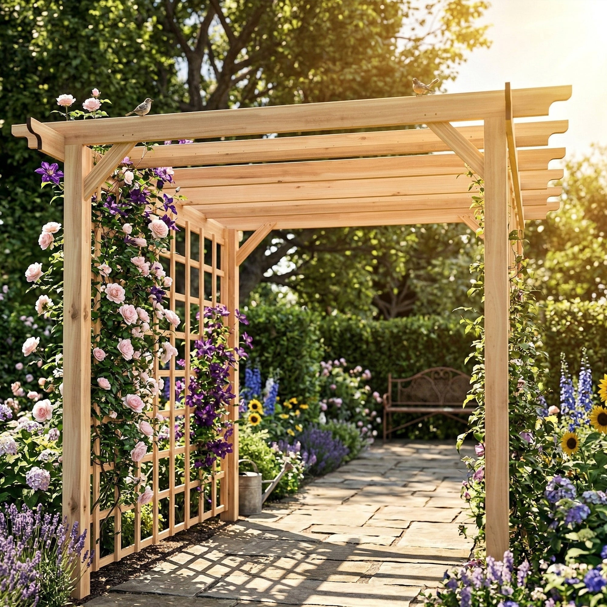 Outsunny 3 x 3 m Wooden Pergola Kit, Garden Pergola Gazebo Arch with Trellis for Climbing Vines, Flowers, Nature Wood Finish 