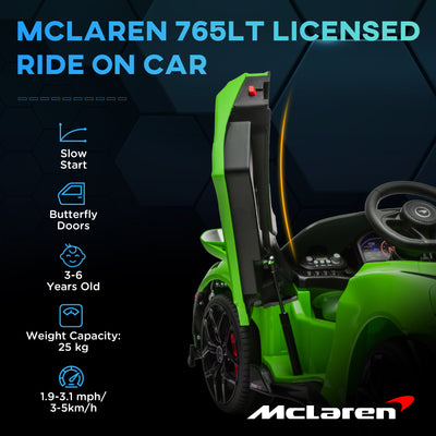 AIYAPLAY McLaren 765LT Licensed 12V Kids Electric Ride on Car with Butterfly Doors, Remote Control, Transport Wheels, Green 