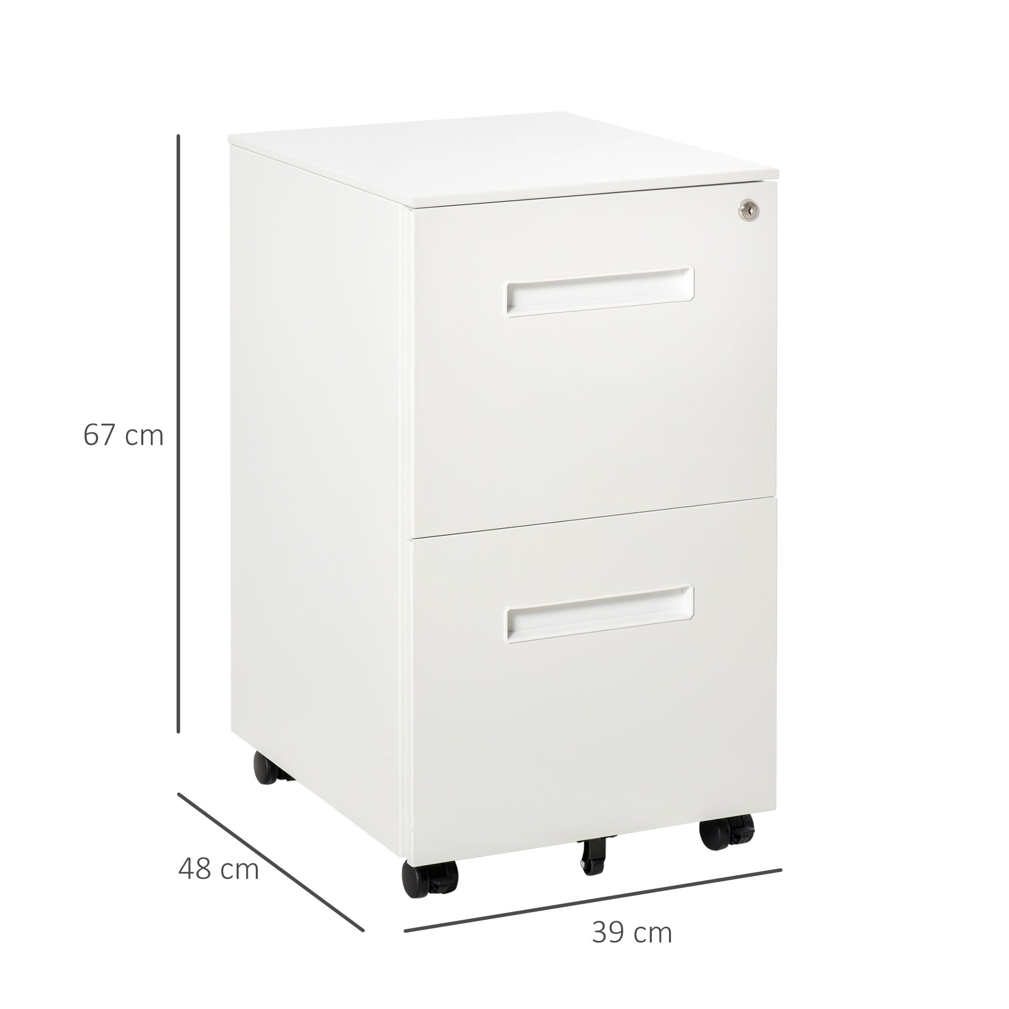 Vinsetto Metal Mobile File Cabinet with Wheels, Lockable 2 Drawer Filing Cabinet for A4, Legal, Letter, Compact Under Desk Storage Unit with Pre-Assembled Body for Home Office, 39 x 48 x 67cm, White 