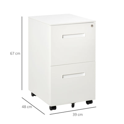 Vinsetto Metal Mobile File Cabinet with Wheels, Lockable 2 Drawer Filing Cabinet for A4, Legal, Letter, Compact Under Desk Storage Unit with Pre-Assembled Body for Home Office, 39 x 48 x 67cm, White 