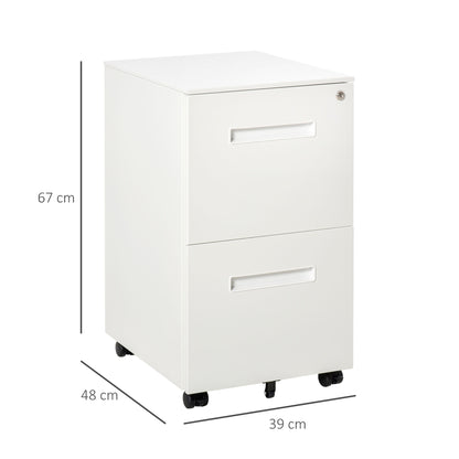 Vinsetto Metal Mobile File Cabinet with Wheels, Lockable 2 Drawer Filing Cabinet for A4, Legal, Letter, Compact Under Desk Storage Unit with Pre-Assembled Body for Home Office, 39 x 48 x 67cm, White 