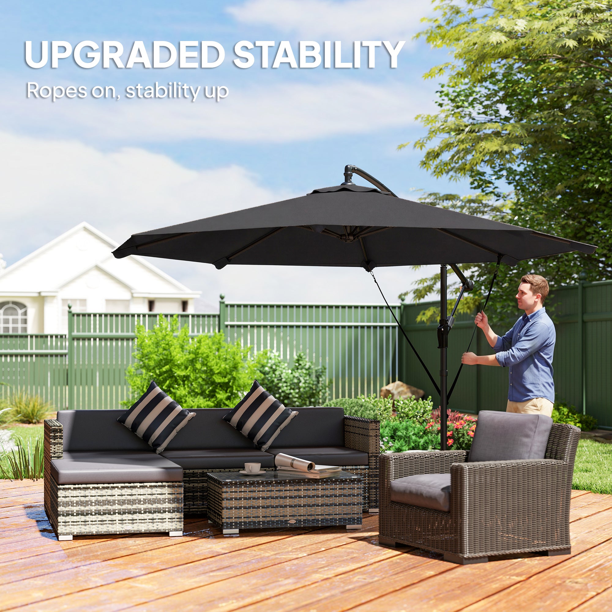 Outsunny 3 m Cantilever Parasol with Protective Cover and Wind Ropes, Banana Parasol with Crank Handle, Black 