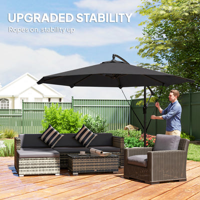 Outsunny 3 m Cantilever Parasol with Protective Cover and Wind Ropes, Banana Parasol with Crank Handle, Black 
