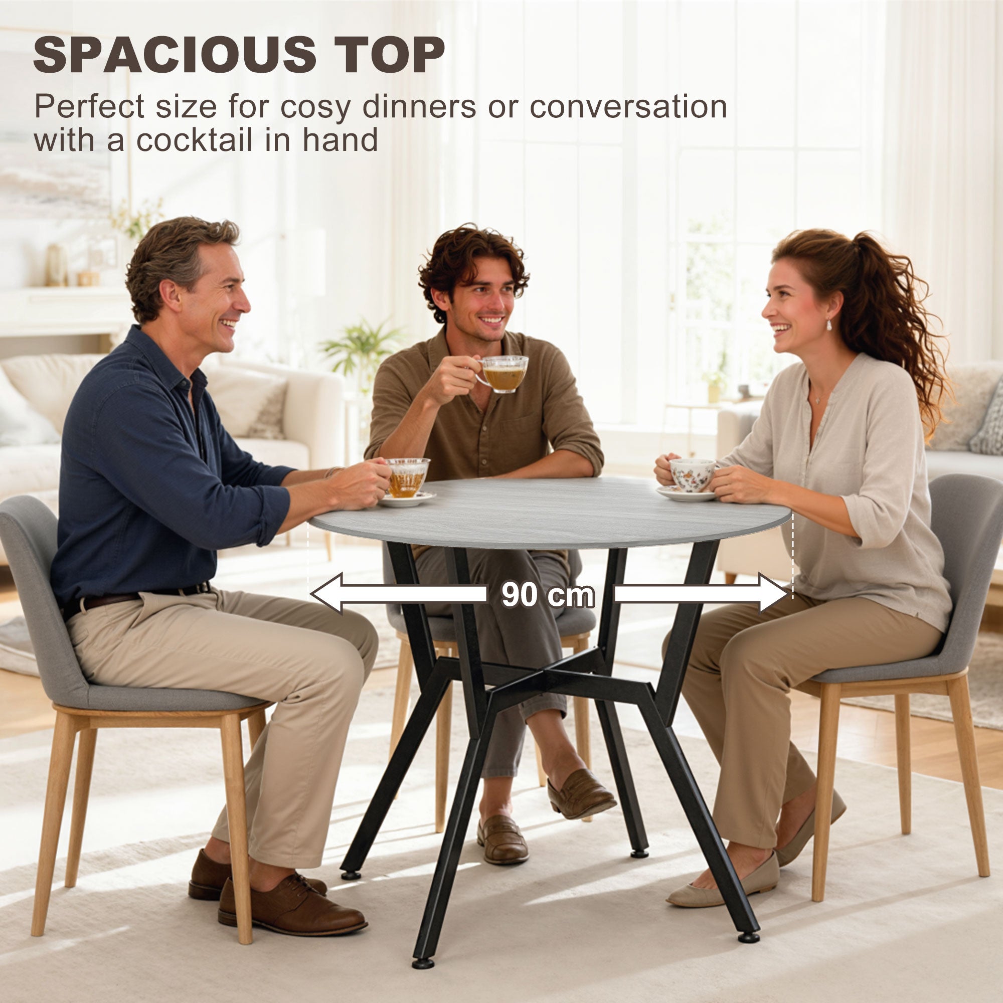 HOMCOM Dining Table, Round Kitchen Table with Black Legs, Anti-slip Foot Pads for Living Room, Dining Room 90 x 76 cm, Grey 