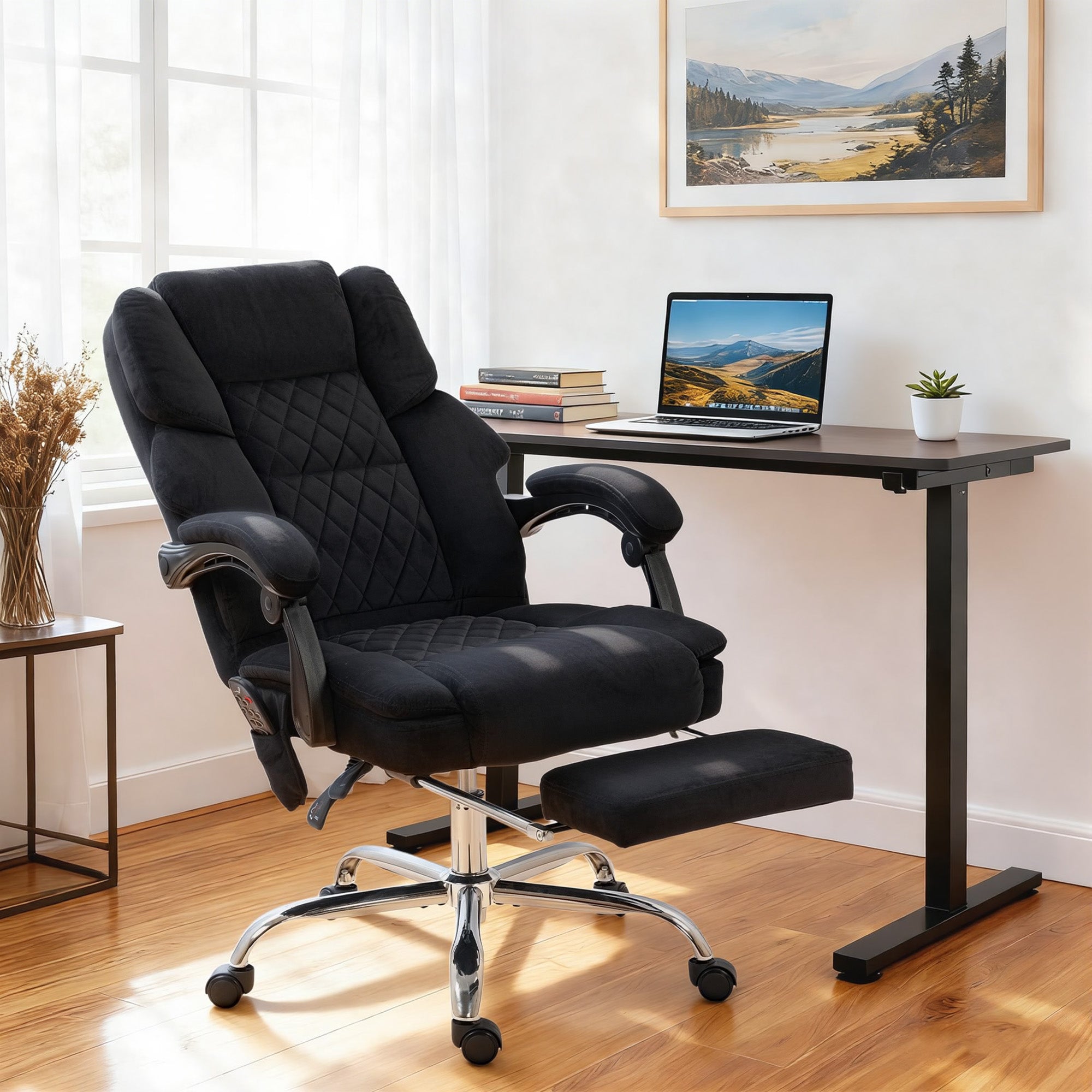 HOMCOM Office Chair with 6-point Vibration Massage and Heat, Fabric Desk Chair with Footrest, High Back, Black 