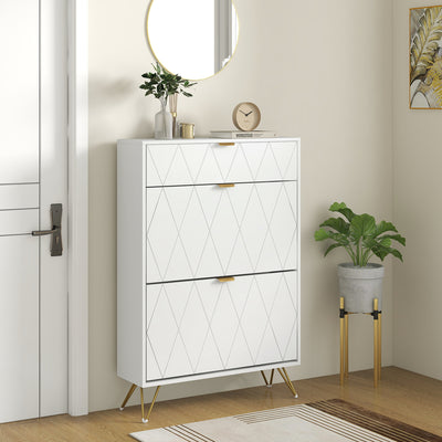 HOMCOM Two Flip Drawer Narrow Shoe Cabinet - White 