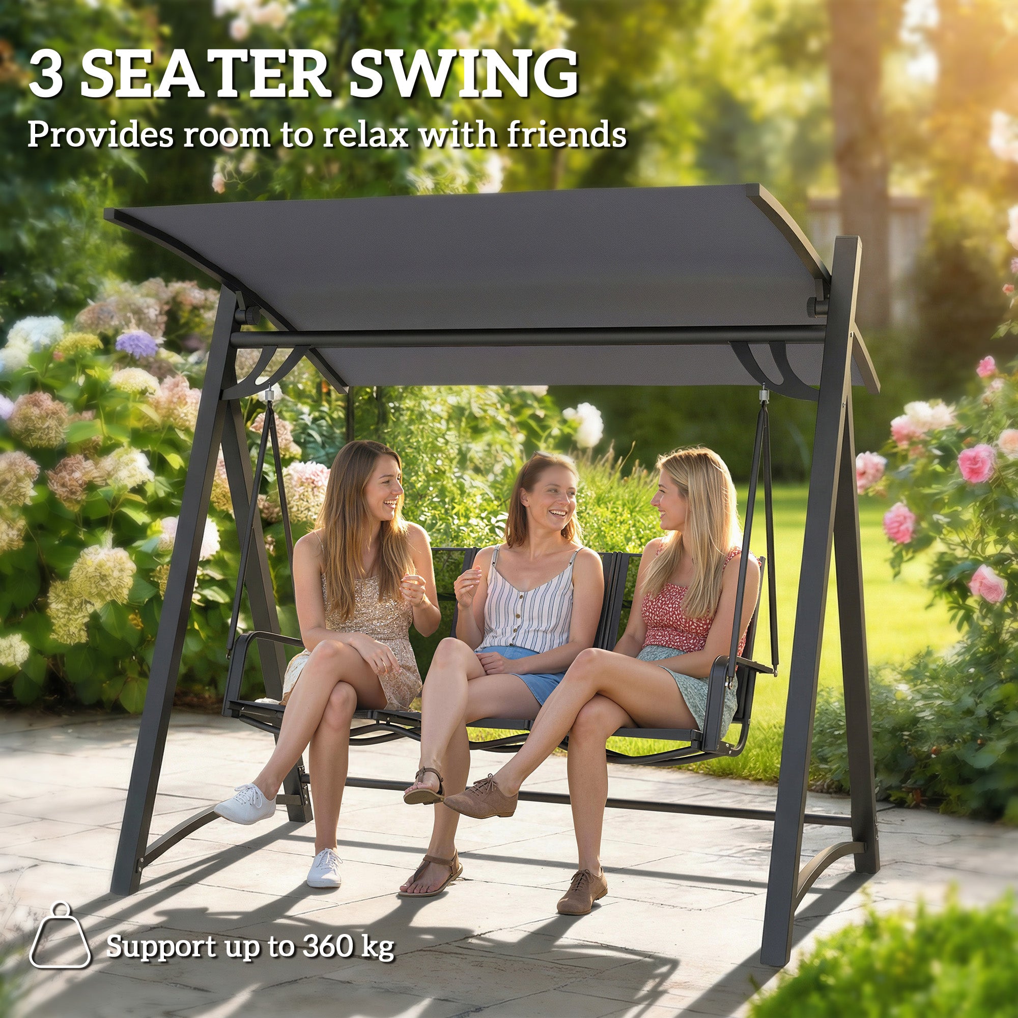 Outsunny 3 Seater Swing Chair, Garden Swing Bench with Adjustable Tilting Canopy, Breathable Mesh Seat 360 kg Capacity, Grey 