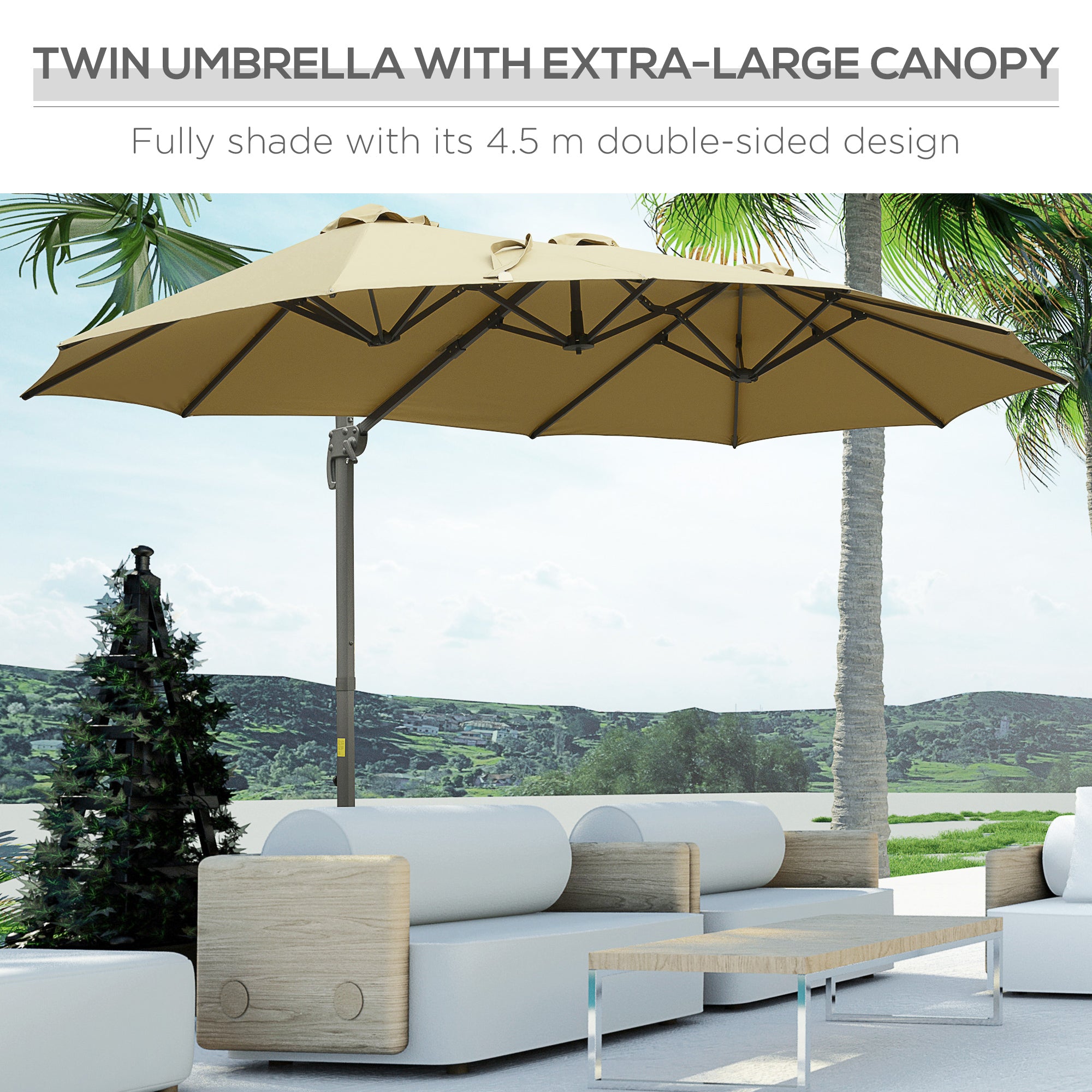 Outsunny 4.5\'c2\'a0m Patio Parasol, Large Double-Sided Rectangular Garden Umbrella with Crank Handle, 360\'c2\'b0 Cross Base for Bench, Outdoor, Khaki