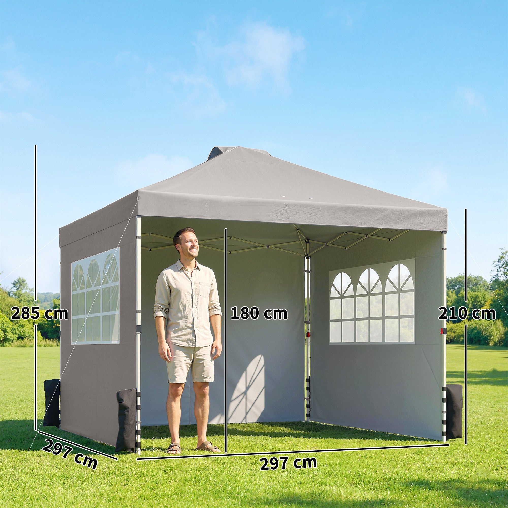 Outsunny Pop Up Gazebo Waterproof Height Adjustable Canopy with 3 Sidewalls Wheeled Bag for Parties 3 x 3 m Grey 
